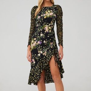 For Love and Lemons black yellow floral Ross asymmetrical hem dress sz XS